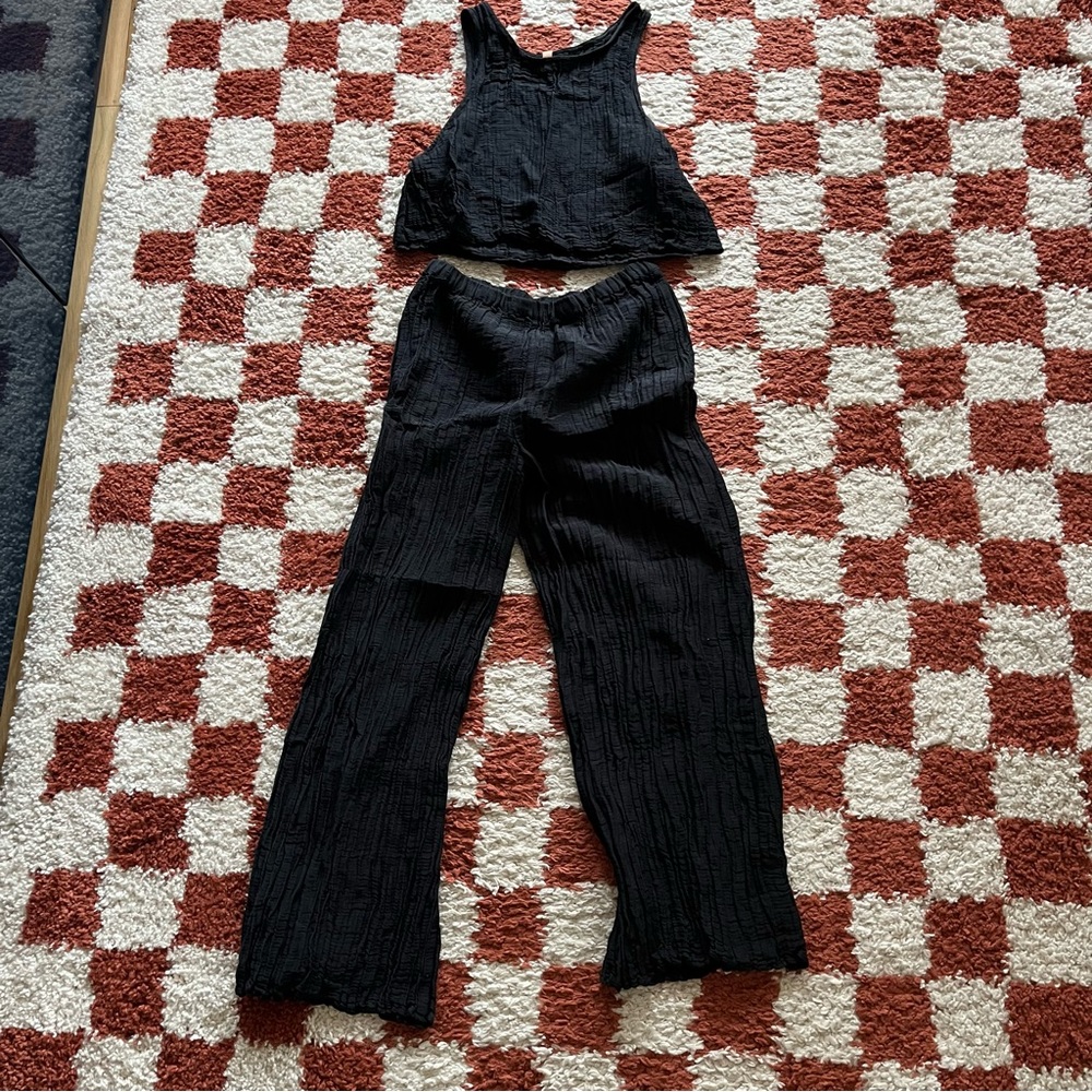lunya Black Textured Two-Piece Pajama Set